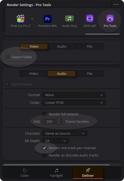 DaVinci AAF export dialog